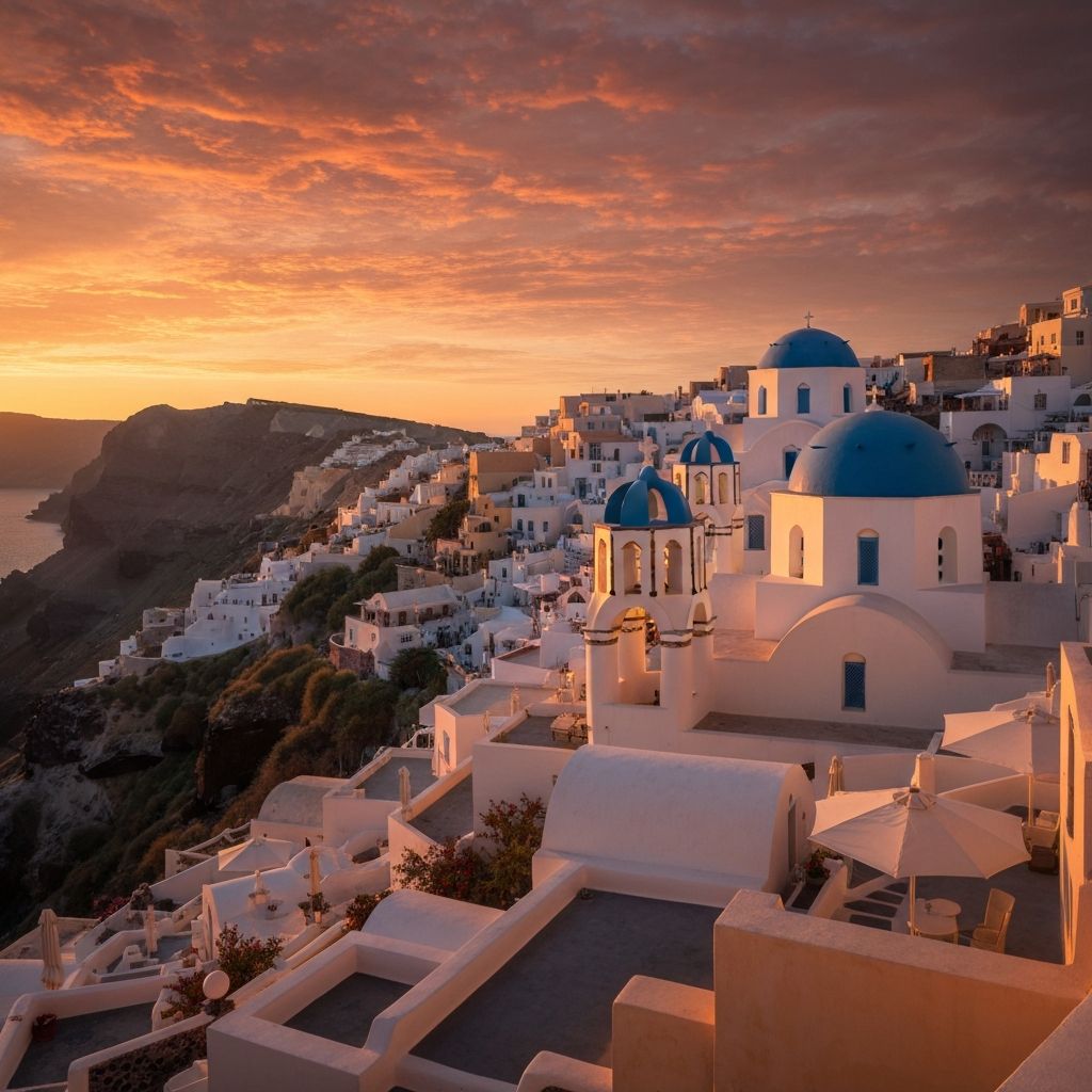 Santorini, Grécko - biele budovy s modrými kupolami pri mori